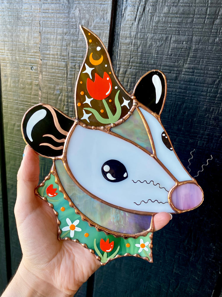 Tulip Wizard Opossum Stained Glass Suncatcher