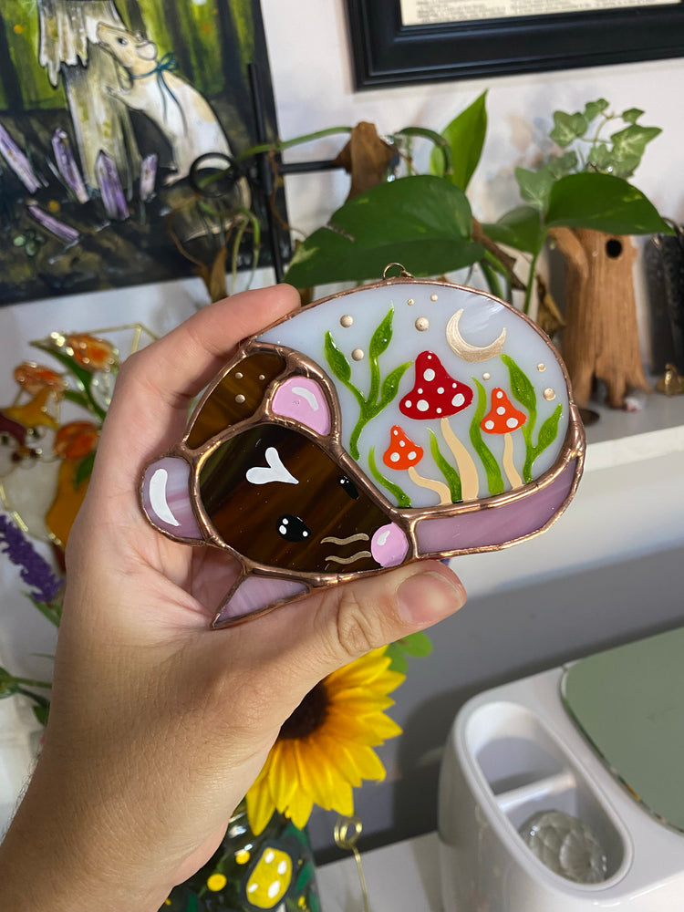 (Moon) Mini Brown Rat and Red Mushroom Stained Glass Suncatcher