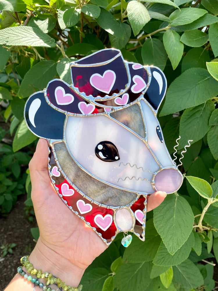 Red Lovely Cowboy Opossum Stained Glass Suncatcher