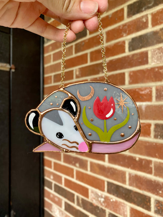 Sleepy Red Tulip Opossum Stained Glass Ornament