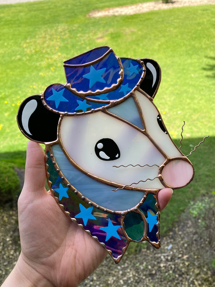 Blue Iridescent Cowboy Opossum Stained Glass Suncatcher