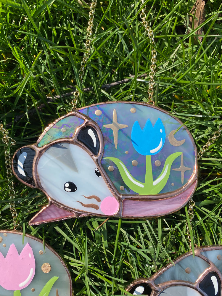 Sleepy Blue Iridescent Tulip Opossum Stained Glass Ornament