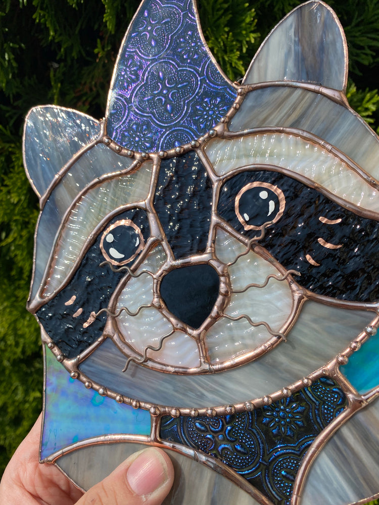 Large Blue Van Gogh Wizard Raccoon Stained Glass Suncatcher