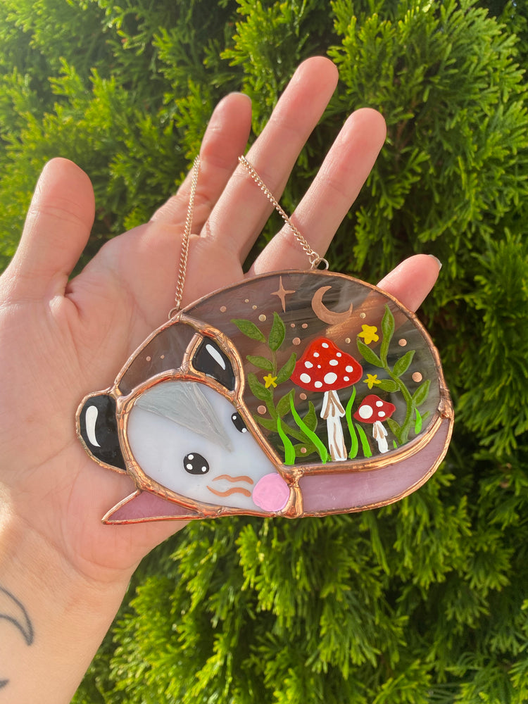 Red Mushroom Sleepy Opossum Mini Stained Glass Suncatcher