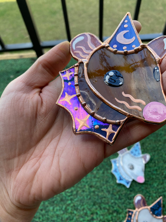 Mini Brown and Blue Wizard Rat Stained Glass Ornament