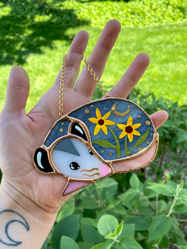 Mini Sleepy Sunflower Opossum Stained Glass Ornament