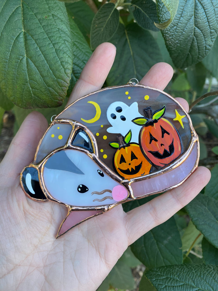 Pumpkins and Ghost Mini Halloween Opossum Stained Glass Suncatcher