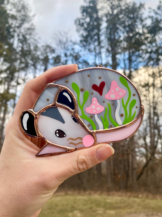 Mini Pink (ver 2) Valentine Sleepy Opossum Stained Glass Suncatcher