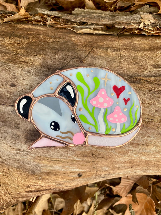 Mini Pink (ver 1) Valentine Sleepy Opossum Stained Glass Suncatcher