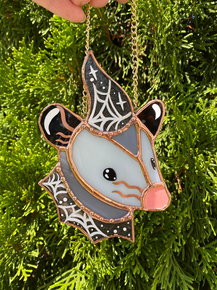 Mini Spiderweb (version 1) Wizard Opossum Stained Glass Suncatcher