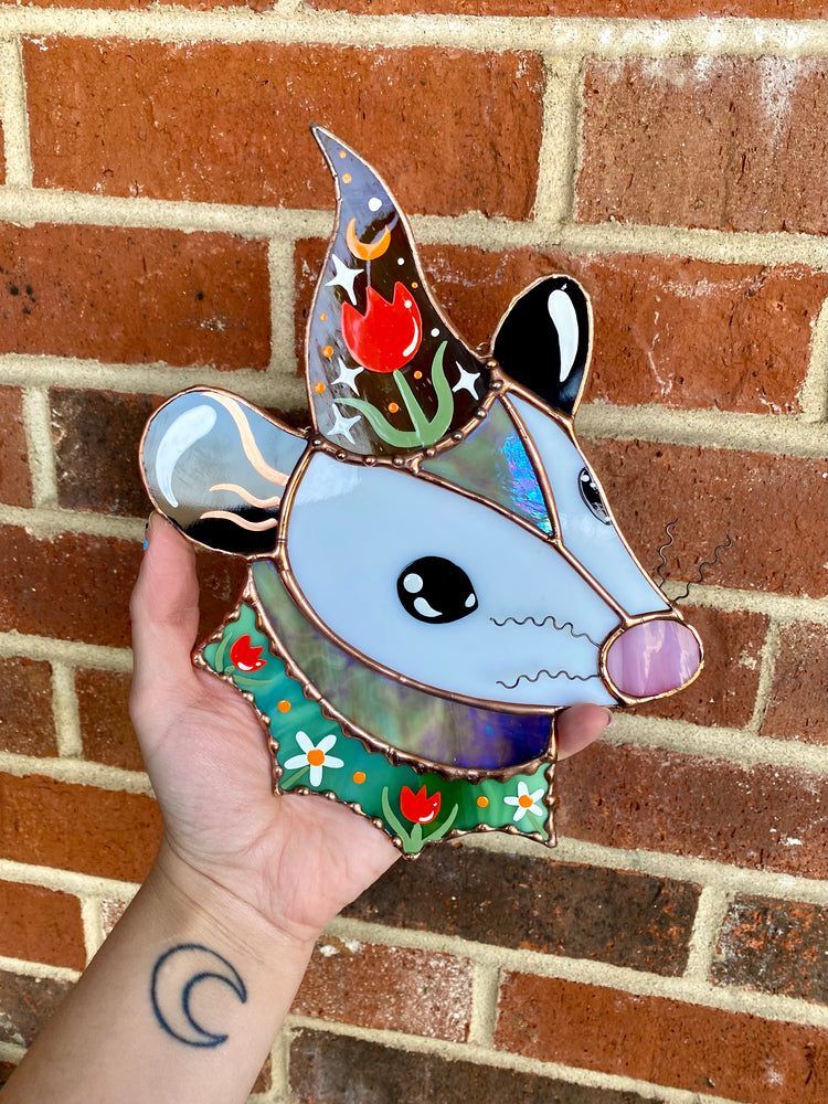 Tulip Wizard Opossum Stained Glass Suncatcher