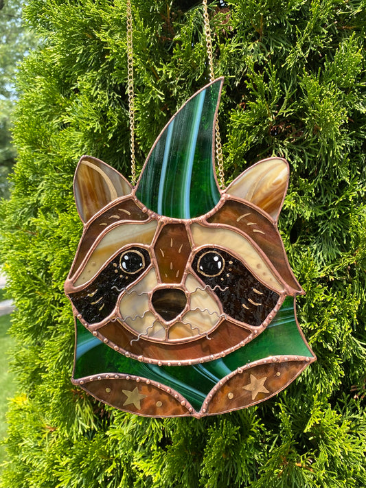 (Discounted due to crack) Green Glitter Wizard Raccoon Stained Glass Suncatcher