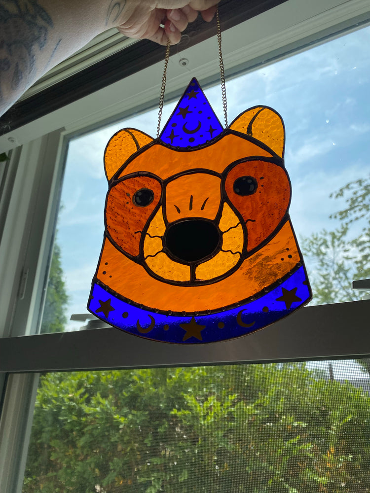 Blue Wizard Bear Stained Glass Suncatcher