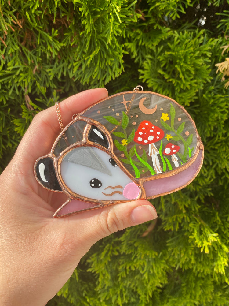 Red Mushroom Sleepy Opossum Mini Stained Glass Suncatcher