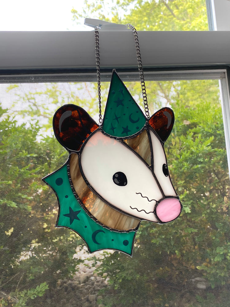 Blue Dream Wizard Opossum Stained Glass Suncatcher