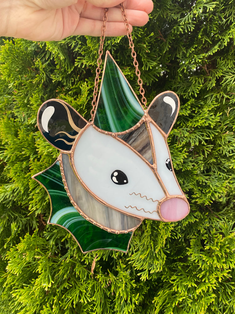 Swirly Green Aventurine Wizard Opossum Stained Glass Suncatcher