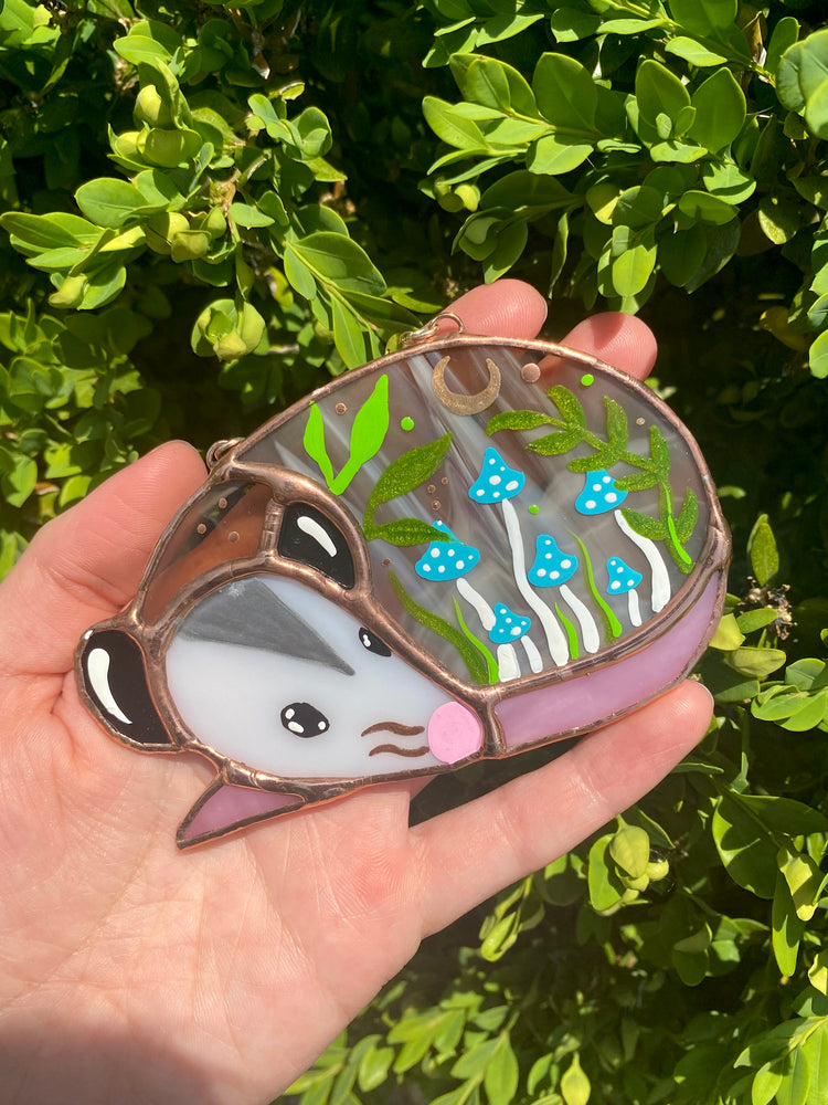 Blue Mushroom Forest Opossum Mini Stained Glass Suncatcher