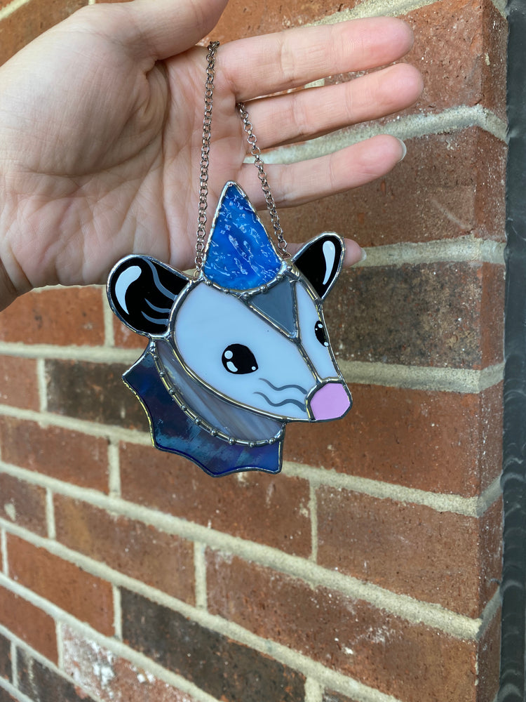 Blue Wizard Mini Opossum Stained Glass Ornament