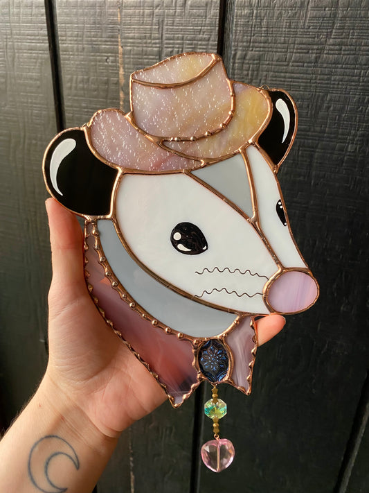 Lavender Cowboy Opossum Stained Glass Suncatcher