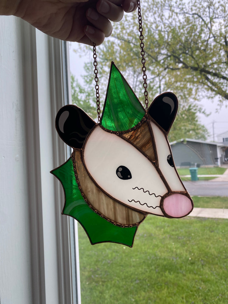 Swirly Green Aventurine Wizard Opossum Stained Glass Suncatcher