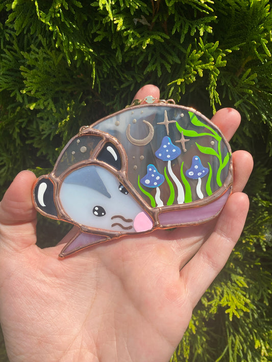 Purple Mushroom Moon Opossum Mini Stained Glass Suncatcher