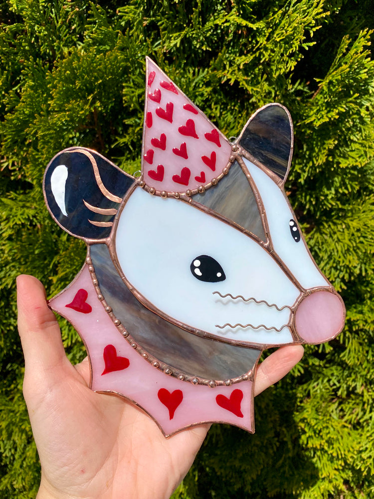 Valentine Opossum Stained Glass Suncatcher