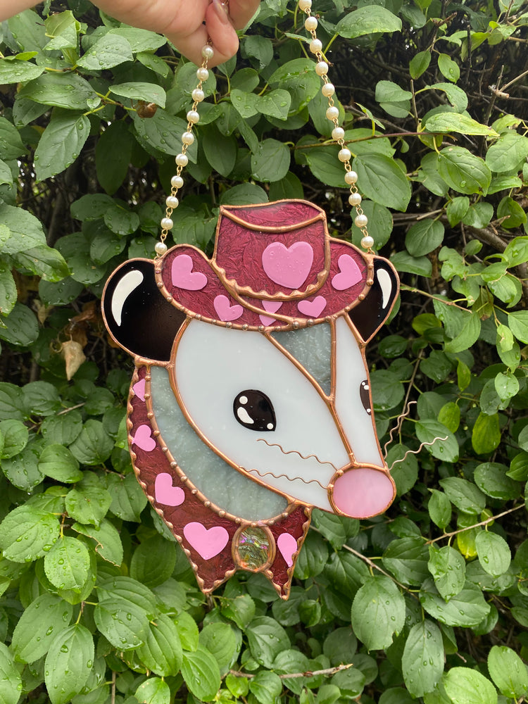 Lovely Cowboy Opossum Stained Glass Suncatcher