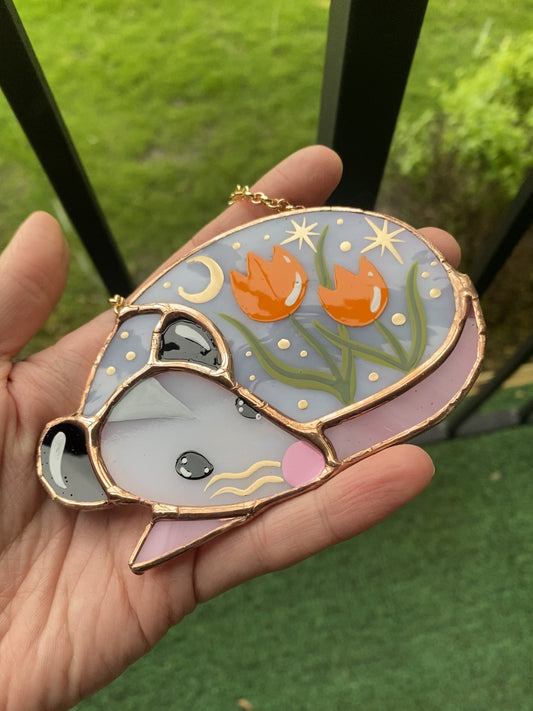 Mini Sleepy Orange Tulip Opossum Stained Glass Ornament