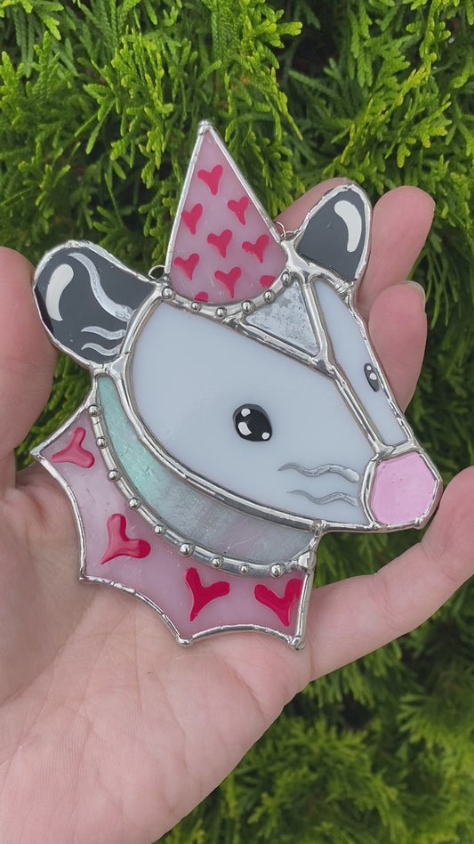 Mini Pink Valentine Opossum Stained Glass Suncatcher