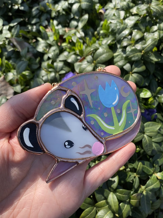 Sleepy Blue Iridescent Tulip Opossum Stained Glass Ornament