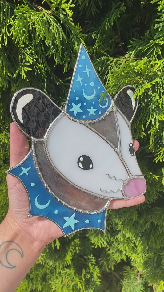 Dreamy Blue Wizard Opossum Stained Glass Suncatcher