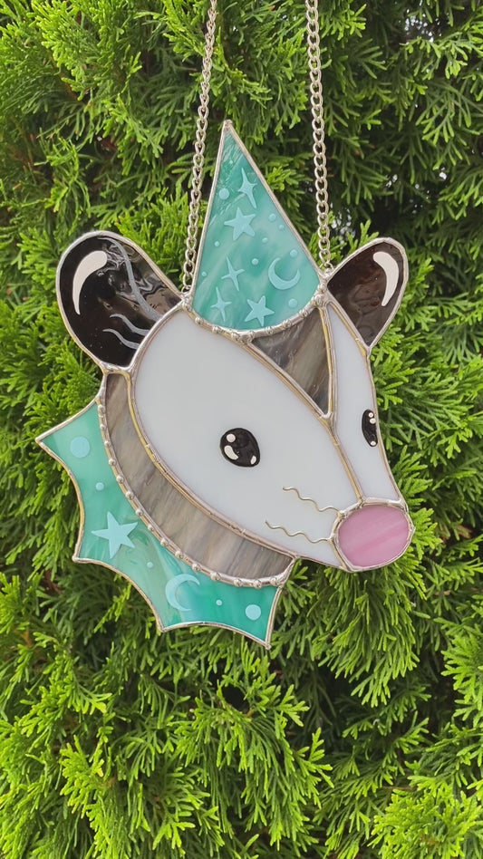 Blue Dream Wizard Opossum Stained Glass Suncatcher