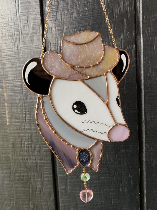 Lavender Cowboy Opossum Stained Glass Suncatcher