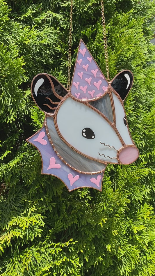 Pink and Purple Heart Opossum Stained Glass Suncatcher