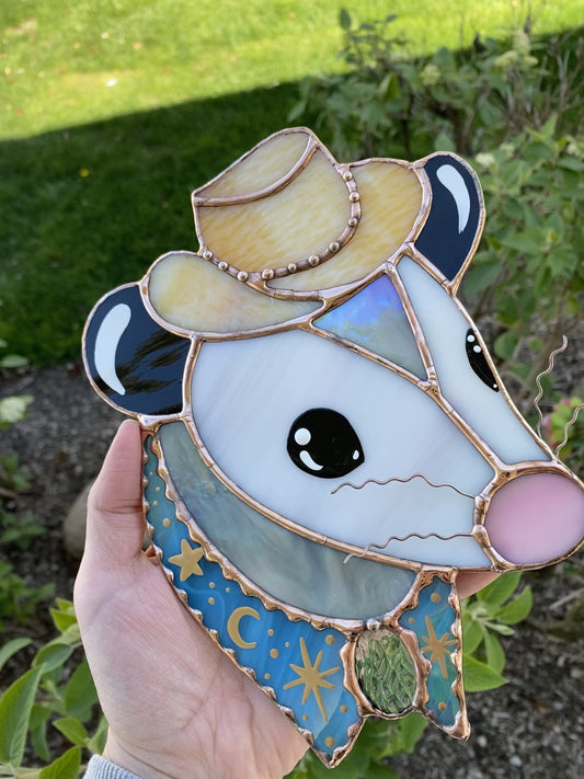 Blue and Gold Cowboy Opossum Stained Glass Suncatcher