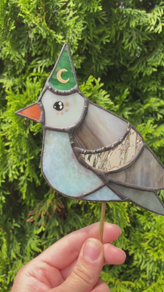 Wizard Pigeon Stained Glass Planter Stake