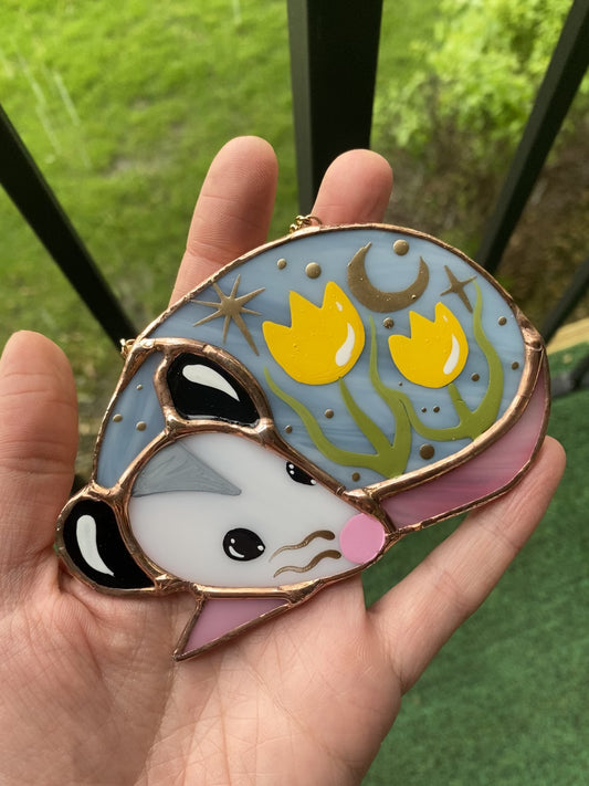 Mini Sleepy Yellow Tulip Opossum Stained Glass Ornament