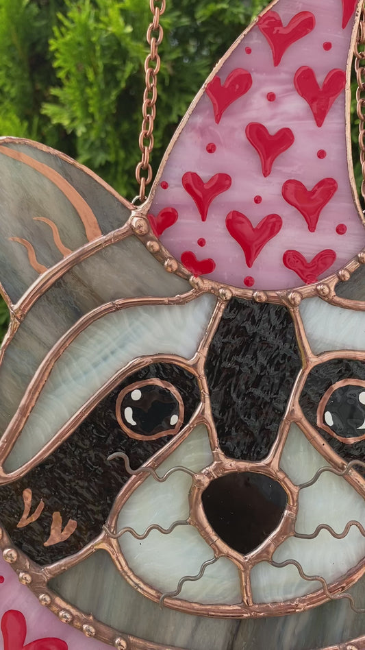 Large Valentine Raccoon Stained Glass Suncatcher