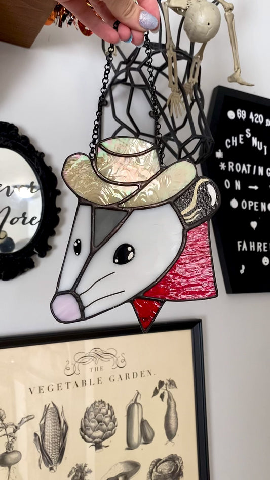 Cowboy Opossum Stained Glass Suncatcher