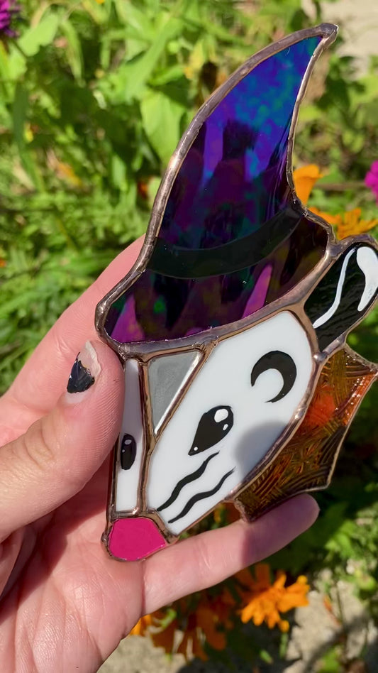 Mini Iridescent Wizard Opossum Stained Glass Suncatcher