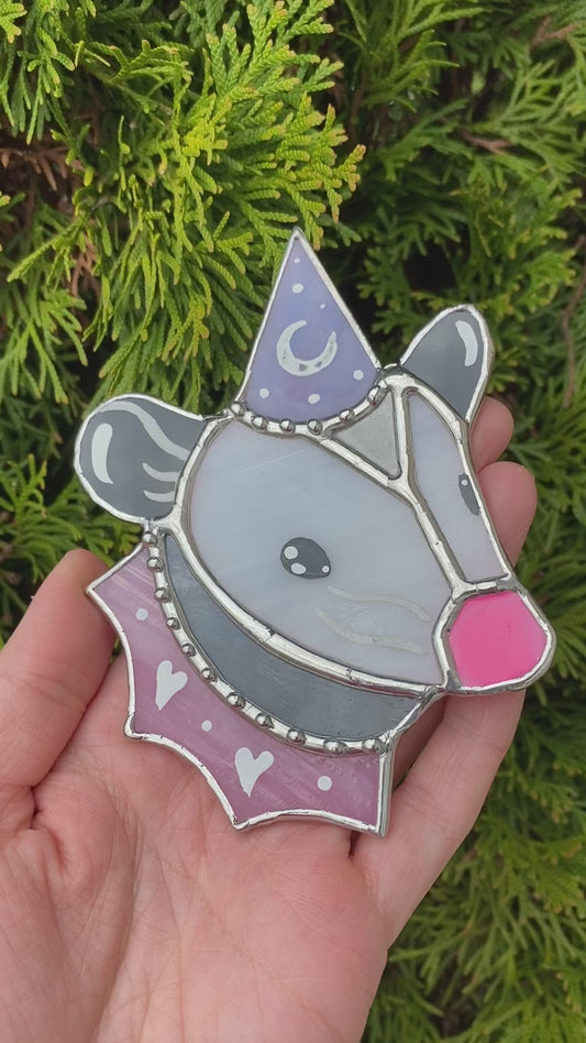 Pink and Purple Wizard Opossum Mini Stained Glass Suncatcher