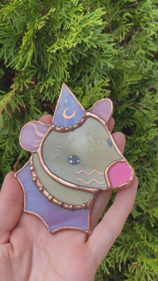 Copper and Pink Tan Wizard Rat Mini Stained Glass Suncatcher