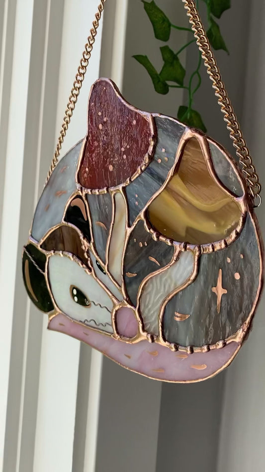 Mushroom Opossum Stained Glass Suncatcher