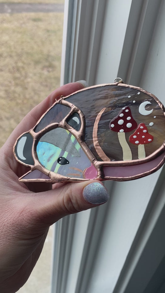 Irridescent Mushroom Opossum Stained Glass Ornament