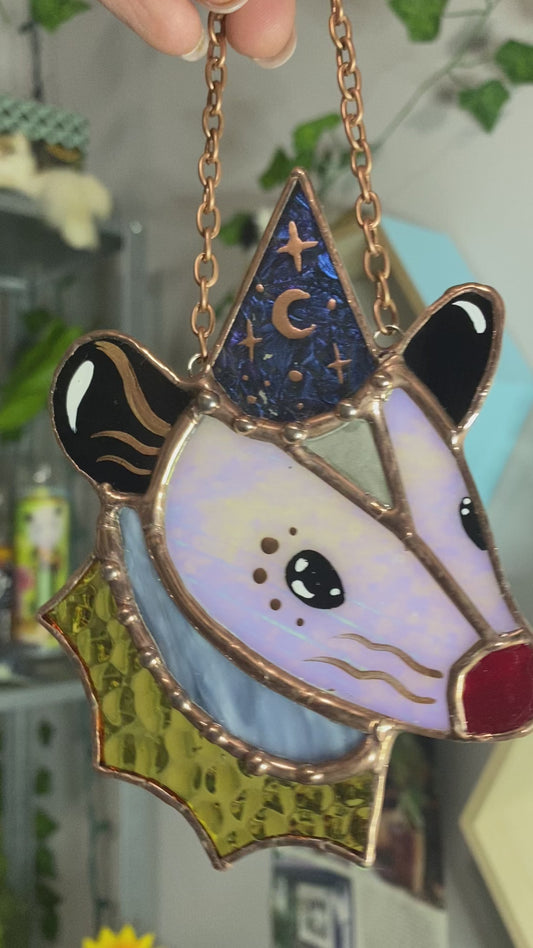 Mini Iridescent Wizard Opossum Stained Glass Ornament