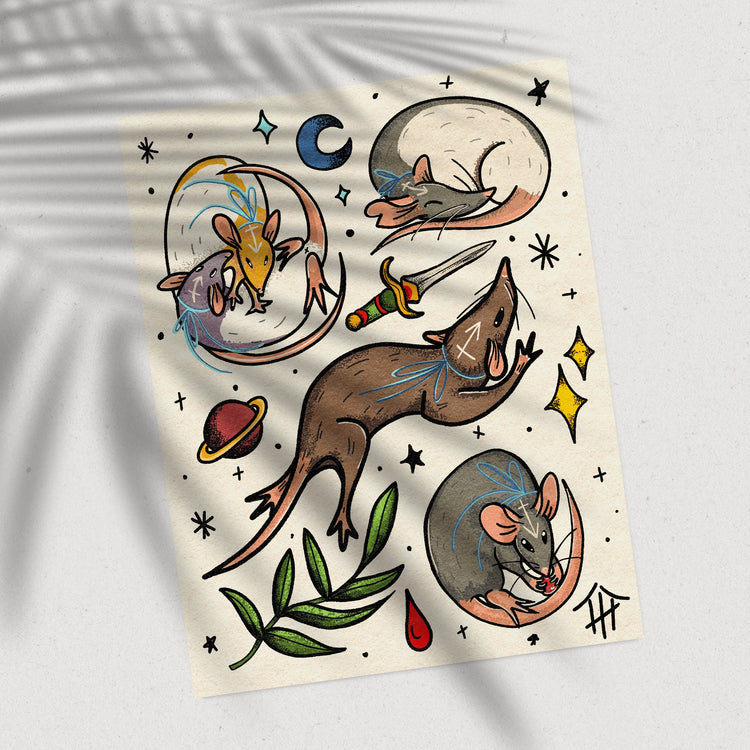 Traditional Tattoo Rat Flash Sheet Print- 8.5" x 11"