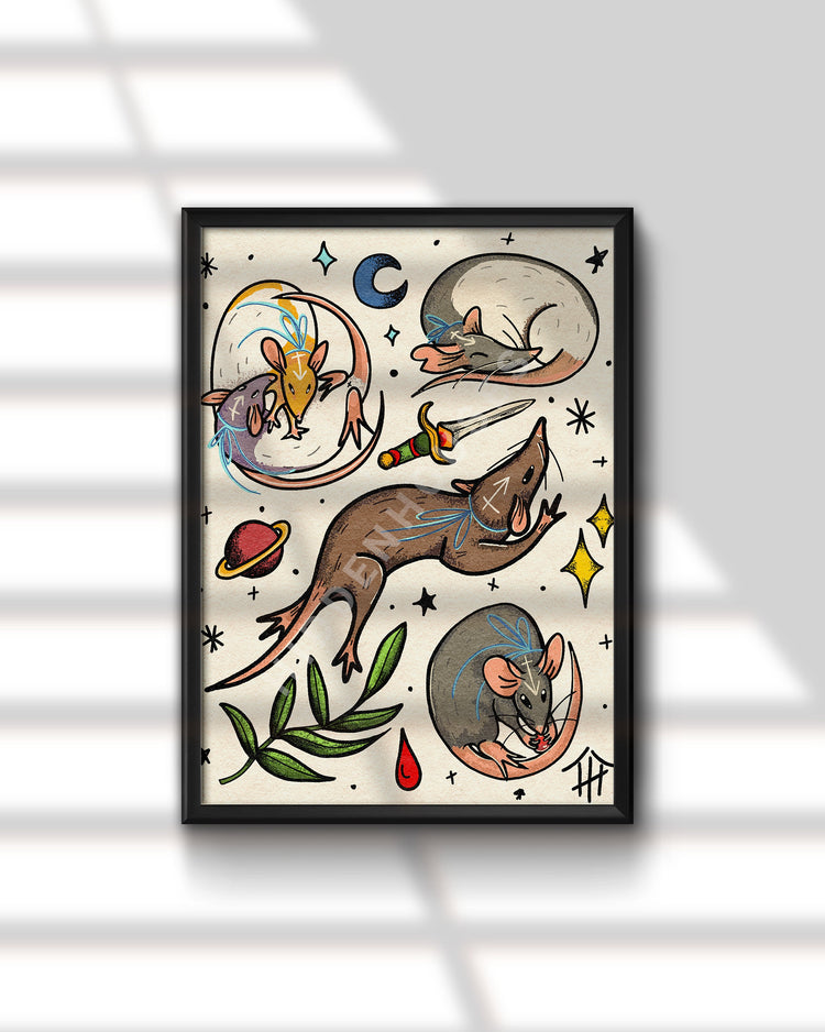 Traditional Tattoo Rat Flash Sheet Print- 8.5" x 11"