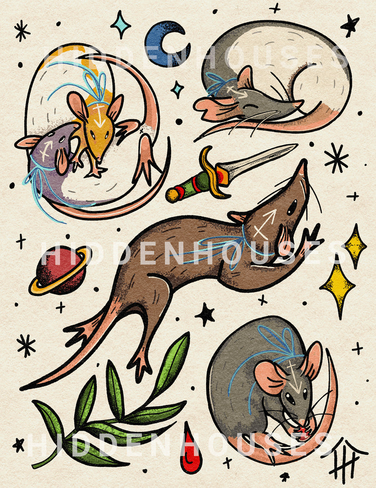 Traditional Tattoo Rat Flash Sheet Print- 8.5" x 11"