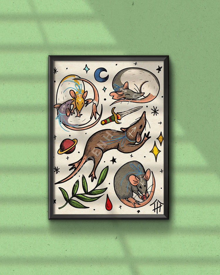 Traditional Tattoo Rat Flash Sheet Print- 8.5" x 11"