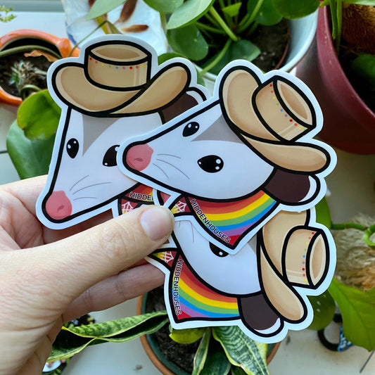 Rainbow Cowboy Opossum Glossy Vinyl Sticker 3.25”